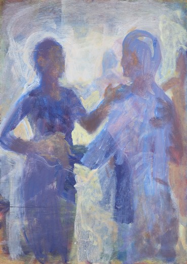 Susannah Fiennes  Blue Figures Talking , 2023  Oil on board  45.7 x 35 cm