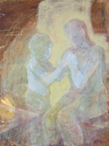 Susannah Fiennes  Mother and Son, 2020  Oil on board  45.7 x 35 cm