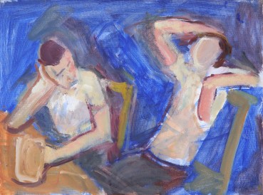Susannah Fiennes  Boys Having Tea (Blue Background), 2020  Oil on board  35 x 45.7 cm