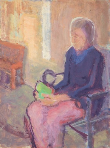 Susannah Fiennes  Lady with Very Green Pear, 2021  Oil on board  35 x 22.8 cm