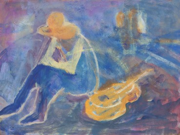 Susannah Fiennes  Seated by River with Guitar, 2021  Oil on board  22.8 x 35 cm