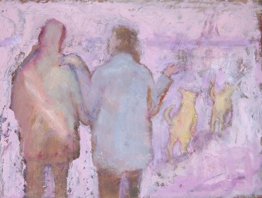 Susannah Fiennes  Walking with Dogs, 2022  Oil on board  20 x 27 cm