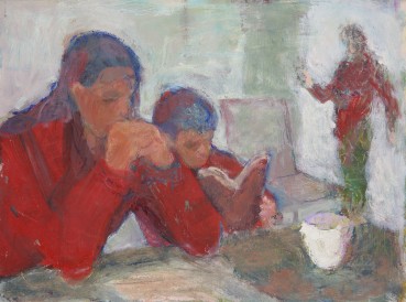Susannah Fiennes  Reading in Red, 2020  Oil on board  20 x 27 cm
