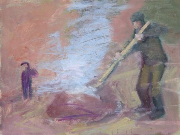 Susannah Fiennes  Bonfire and Buddy, 2022  Oil on board  20 x 27 cm