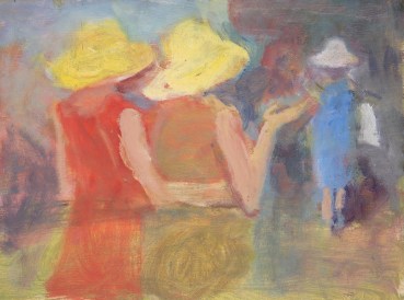 Susannah Fiennes  Ladies in Hats (From Behind), 2020  Oil on board  20 x 27 cm