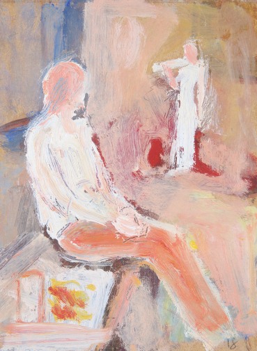 Susannah Fiennes  Lady in Orange Trousers, 2020  Oil on board  18 x 13.5 cm