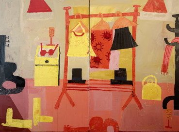 Florence Hutchings  Two Champagnes, Two Hats, Two Guitars, 2023-24  Oil paint, collage and oil bar on canvas  180 x 240 cm (diptych)
