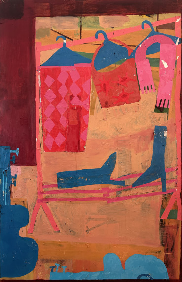 Florence Hutchings  The Clothes Rail (Pink and Blue), 2023  Oil paint and collage on canvas  180 x 115 cm