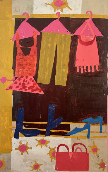 Florence Hutchings  The Clothes Rail (Red and Pink) , 2023  Oil paint and collage on canvas  180 x 115 cm