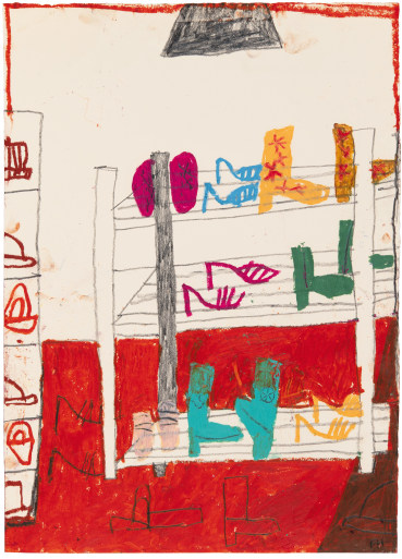 Florence Hutchings  The Shoe Rack V, 2023  Oil pastel and pencil on paper  42 x 28 cm