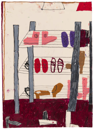 Florence Hutchings  The Shoe Rack III, 2023  Oil pastel and pencil on paper  42 x 29.8 cm