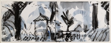 Annabel Gault  Rooftops Fez III, 2023  Graphite and charcoal  17 x 45.5 cm