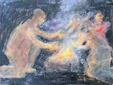 Susannah Fiennes  Lighting Fire, 2024  Oil on board  30.5 x 40.6 cm