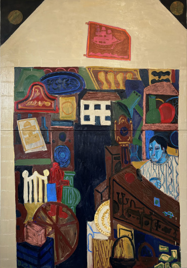 Danny Romeril  Bric-à-brac, 2024  Oil, spray paint and oil bar on canvas  215 x 150 cm