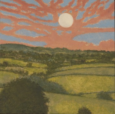 David Inshaw  Landscape with Pink Sky and Moon, 2023  Oil on board  30.2 x 30.2 cm