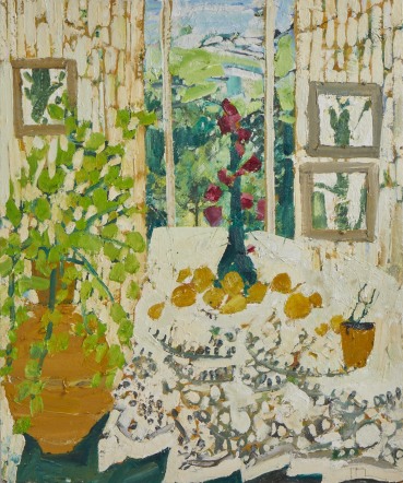 Ffiona Lewis  Embroidered Table; Landscape Window, 2025  Oil on gesso board  60 x 50 cm