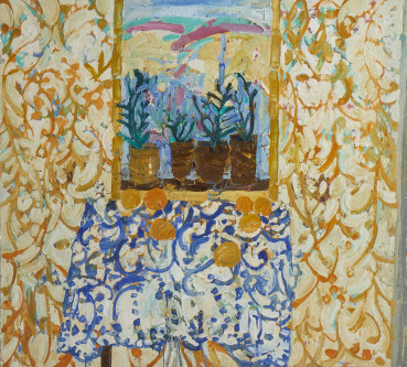 Ffiona Lewis  Horkey - A Feast of Pattern , 2025  Oil on board  92.5 x 102.5 cm