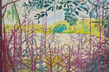 Ffiona Lewis  On Pond Life, 2025  Oil on gesso board (diptych)  80 x 120 cm