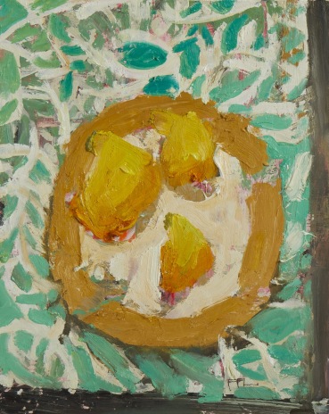 Ffiona Lewis  Picnic Pear Platter, 2024  Oil on gesso board  30 x 24 cm