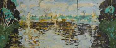 Ffiona Lewis  Pond Panoramic, 2024  Oil on gesso board (triptych)  30 x 72 cm