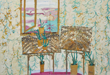 Ffiona Lewis  Veneer Tables with Garden Window, 2025  Oil on canvas (diptych)  150 x 200 cm