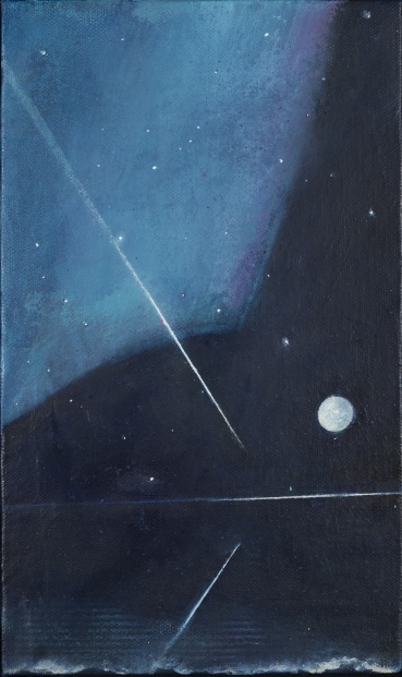 Keith Grant  Aurora, Meteor and Moon, 2025  Oil on canvas over wooden panel  30 x 18 cm