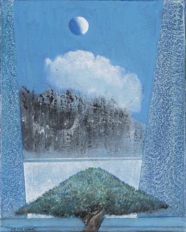 Keith Grant  Moon, Cloud, Curtains and Bonsai, 2024  Oil on canvas  24 x 19 cm