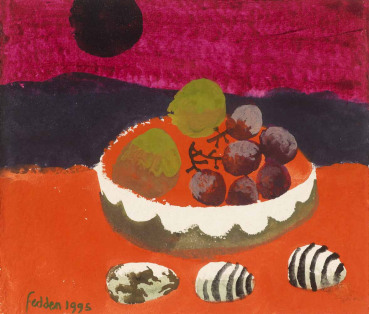 Mary Fedden  Bowl of Fruit, 1995  Signed and dated lower left  Watercolour on paper  13.9 x 16.2 cm