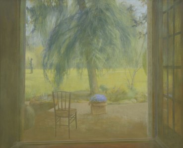 David Tindle RA  Man Waving in a Garden, 2007  Egg tempera on board  70 x 87 cm  Signed, dated and titled verso