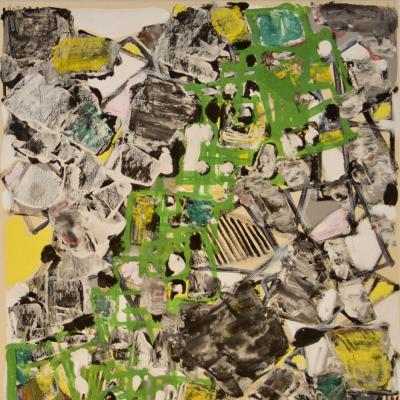 Natalia Dumitresco  Yellow and Green Composition, Circa 1950s  Signed lower left: N. Dumitresco  Mixed media on paper  17 x 12 inches Framed: 27 1/4 x 23 inches