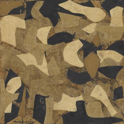 Conrad Marca-Relli  Untitled 4484, Circa late 1950s  Signed lower left: MARCA-RELLI  Fabric collage and ink on board  9 x 9 inches Framed: 18 x 18 inches  This work is registered with the Archivio Marca-Relli, Parma, as archive number MR-6194 / © Archivio Marca-Relli, Parma