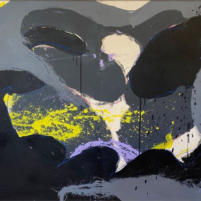 Norman Bluhm  American 1921-1999Untitled, 1973  Signed and dated lower right: Bluhm ‘73 Signed and dated twice on verso: Bluhm ‘73  Watercolor, ink, and acrylic on two joined paper sheets  35 1/4 x 43 1/4 inches, Framed: 43 1/2 x 54 3/4 inches