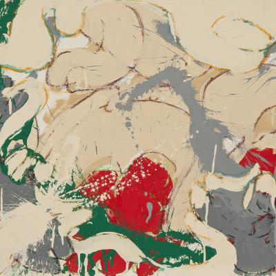 Norman Bluhm  American 1921-1999Composition, 1975  Signed: Bluhm 75 lower right  Mixed media on paper laid down on canvas  22 1/2 x 30 inches, Framed: 31 1/4 x 38 3/4 inches