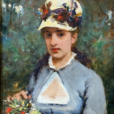 Francisco Miralles  Spanish, 1848-1901Le Petit Bouquet, 1878  Signed: J. Miralles - / 1878 upper left  Oil on panel  9 1/2 x 7 3/8 inches, Framed: 15 1/4 x 13 inches