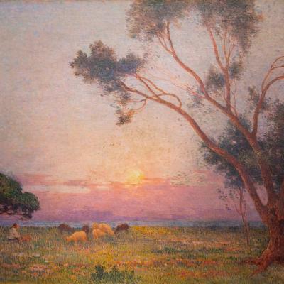 Ferdinand du Puigaudeau  French, 1864-1930Berger et ses Moutons au Soleil Couchant, Circa 1918  Signed: F. du Puigaudeau (l.l.)  Oil on canvas  25 3/4 x 36 inches, Framed: 33 x 42 ½ inches