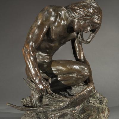John Joseph Boyle  American, 1852-1917Indian Capturing an Eagle, 1905  Signed:: JJ Boyle / 05 on self-base Inscribed: To my dear friend / Leslie W. Miller / From the author Marked: Roman Bronze Works N.Y. / N 5,  Bronze, dark brown patina  18 1/2 x 11 1/4 x 12 1/2 inches