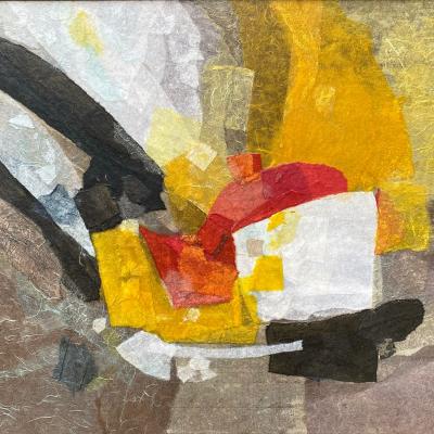 Jared Young Chong  American 1904-1990Fiesta, 1974  Signed: Jerry Chong / '74 lower right  Rice paper, dye and acrylic collage on Masonite  23 3/8 x 35 3/4 inches, Framed: 25 3/4 x 37 3/4 inches