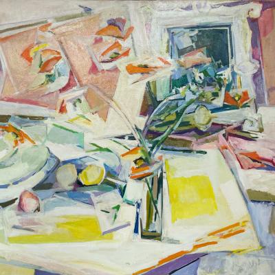 Jane Piper  American 1916-1991Poppies by a Victorian Mirror, 1982  Signed: Jane Piper lower right  Acrylic on canvas  38 x 44 Inches Framed: 40 3/4 x 46 3/4 inches