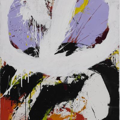 Norman Bluhm  American 1921-1999Untitled (Lavender, Red, White, Black), 1967  Signed: Bluhm 67 (l.r.) and Bluhm 67 (verso)  Acrylic on paper  30 x 22 1/2 inches, Framed: 42 3/4 x 34 5/8 x 2 inches