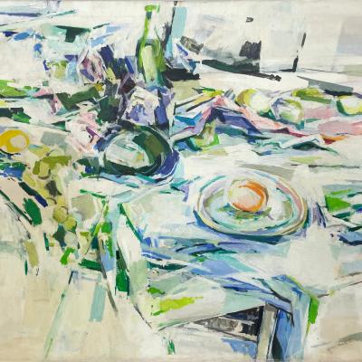 Jane Piper  American 1916-1991Orange on a Plate, 1965  Signed: Jane Piper (lower right) / Jane Piper Estate (verso) Marked: Estate stamp (verso)  Oil on canvas  36 x 42 Inches, Framed: 38 x 44 inches