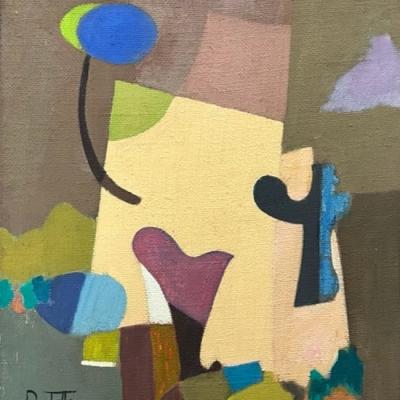 Don Totten  1903 - 1967Abstract I, 1940s  Signed: D Totten lower left  Oil on burlap  19 x 16 1/8 inches Framed: 20 3/4 x 17 3/4 inches