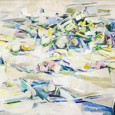 Jane Piper  American 1916-1991Still Life, 1965  Signed: Jane Piper (lower right) and Jane Piper Estate stamp (verso) Marked: 1965 still life (verso)  Oil on canvas  36 x 40 inches, Framed: 42 1/2 x 46 5/8 inches