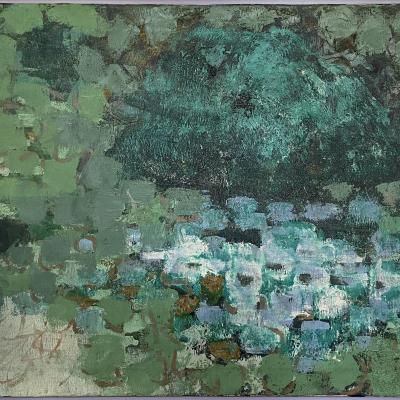 James Hiroshi Suzuki  American, b. 1933Monet Composition, 1957  Signed: Suzuki ‘57 lower left  Oil on canvas  16 1/2 x 25 1/2 inchesFramed: 22 3/4 x 32 inches