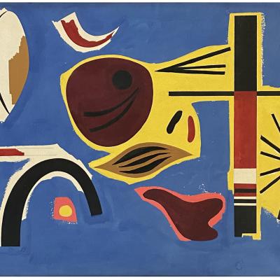 Carl Holty  Escapades #348, c. 1945  Signed: Holty Estate signature stamp lower right  Gouache on paper  Sight: 11 1/2 x 17 1/2 inches Framed: 21 1/2 x 27 1/2 inches