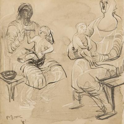 <span class="artist"><strong>Henry Moore</strong></span>, <span class="title"><em>Madonna and Child Studies</em>, 1943</span>