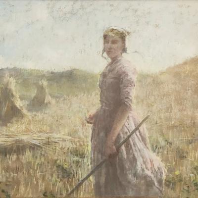 George Hitchcock  La Paysanne, c. 1870s  Signed: G - Hitchcock lower right  Pastel on paper  12 x 17 3/4 inches Framed: 20 x 26 inches