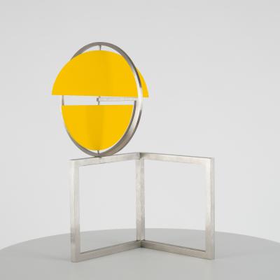 Roger Phillips  Split Disc on Two Squares, 2013  Stainless steel and enamel paint  15 3/4 H x 11 1/8 W x 8 1/2 D inches  Edition no. 3/10