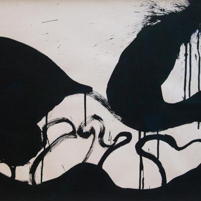 Norman Bluhm  Untitled, 1973  Signed and dated lower right: Bluhm '73  Watercolor, ink, and acrylic on two joined paper sheets  18 x 24 inches Framed: 27 x 33 inches