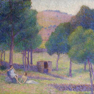 Hippolyte Petitjean  Paysage Idyllique, Circa 1902  Signed lower left  Oil on canvas  23 3/4 x 36 1/2 inche Framed: 33 1/2 x 46 inches