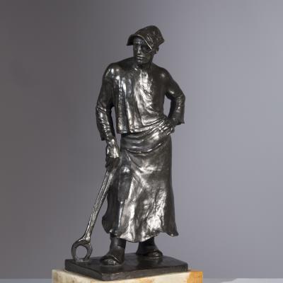 Constantin Meunier  Le Marteleur, 1886  Signed right front base: C. Meunier  Bronze with a dark brown patina Mounted on a period Onyx base  21 H x 9 1/2 W x 6 1/2 D inches  Period sand cast